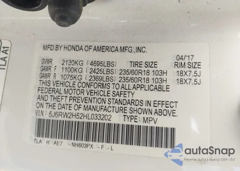 2017 Honda Cr-V Ex z USA, uszkodzony, nr VIN 5J6RW2H52HL033202